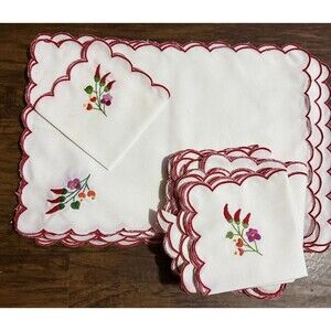 Hungarian Linen Embroidered Flowers Folk Art Napkins Placemats Scalloped 28 Pcs!